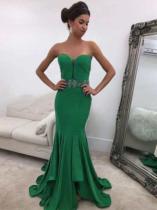 V-neck Silk-like Satin Trumpet/Mermaid Prom Dresses with Beading & Sweep Train