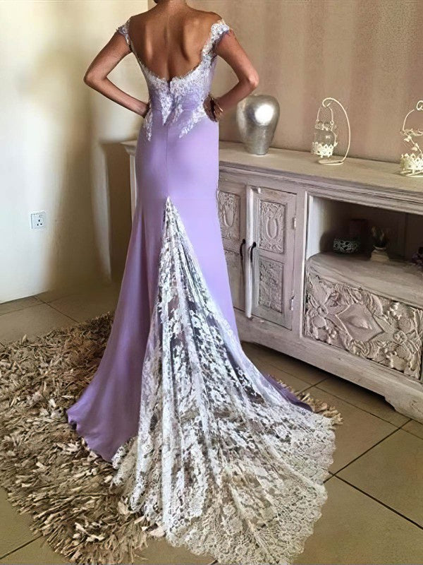 Trumpet/Mermaid V-neck Satin Prom Dress with Appliques and Lace Sweep Train