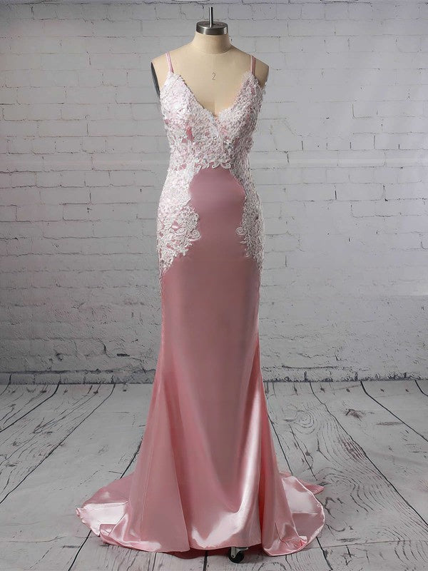 Luxurious V-neck Silk-like Satin Prom Dress with Appliques Lace and Sweep Train