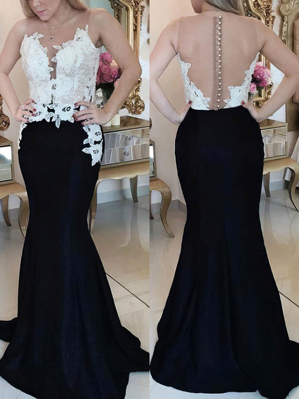 Gorgeous Trumpet/Mermaid Prom Dress with Scoop Neck, Satin Sweep Train and Appliques Lace