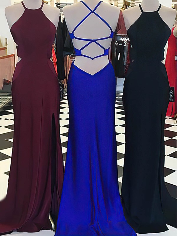 Scoop Neck Jersey Sweep Train Split Front Prom Dress with Sheath/Column Silhouette