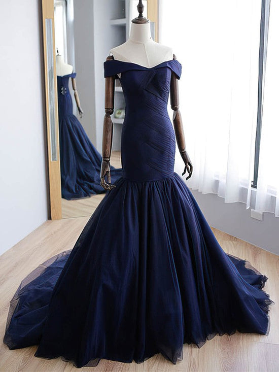 Elegant Off-the-shoulder Tulle Prom Dress with Ruffles and Sweep Train