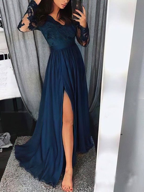 A-line V-neck Chiffon Floor-length Appliques Lace Prom Dresses