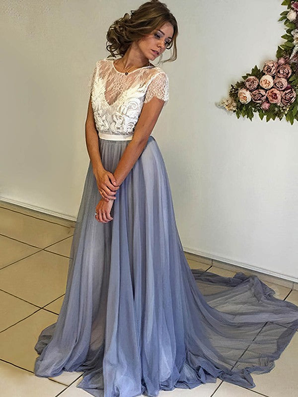 A-line Scoop Neck Chiffon Prom Dress with Lace Appliques and Sweep Train