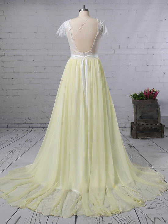 A-line Scoop Neck Chiffon Prom Dress with Lace Appliques and Sweep Train