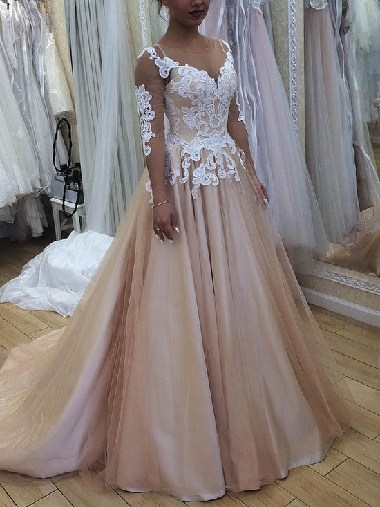 Satin Tulle Prom Dress with Scoop Neck and Appliques Lace Sweep Train