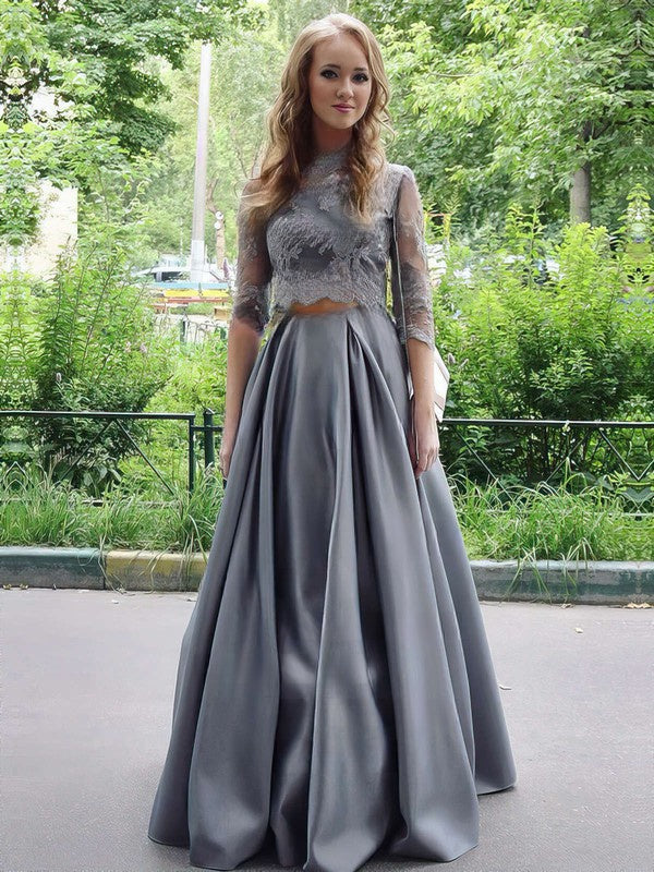 A-Line Scalloped Neck Satin Floor-Length Appliques Lace Prom Dresses