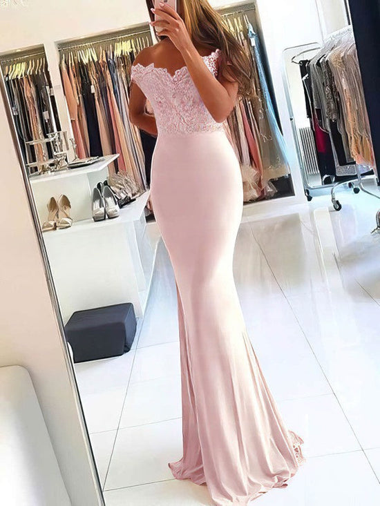 Beading Prom Dresses with Sheath/Column Off-the-shoulder Jersey Sweep Train