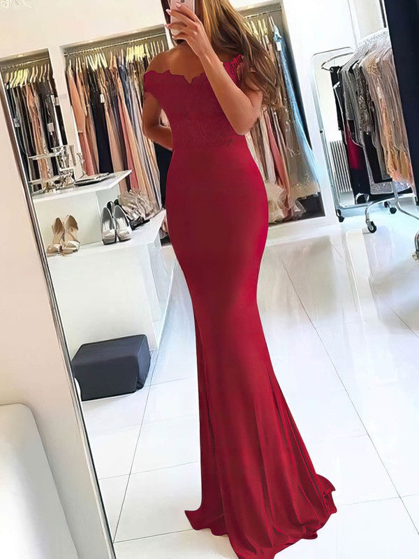 Beading Prom Dresses with Sheath/Column Off-the-shoulder Jersey Sweep Train