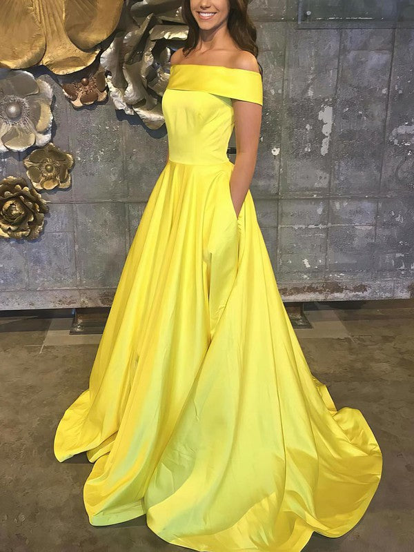 Princess Off-the-shoulder Satin Prom Dresses with Pockets & Sweep Train