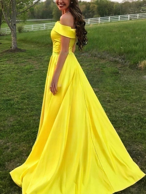 Princess Off-the-shoulder Satin Prom Dresses with Pockets & Sweep Train