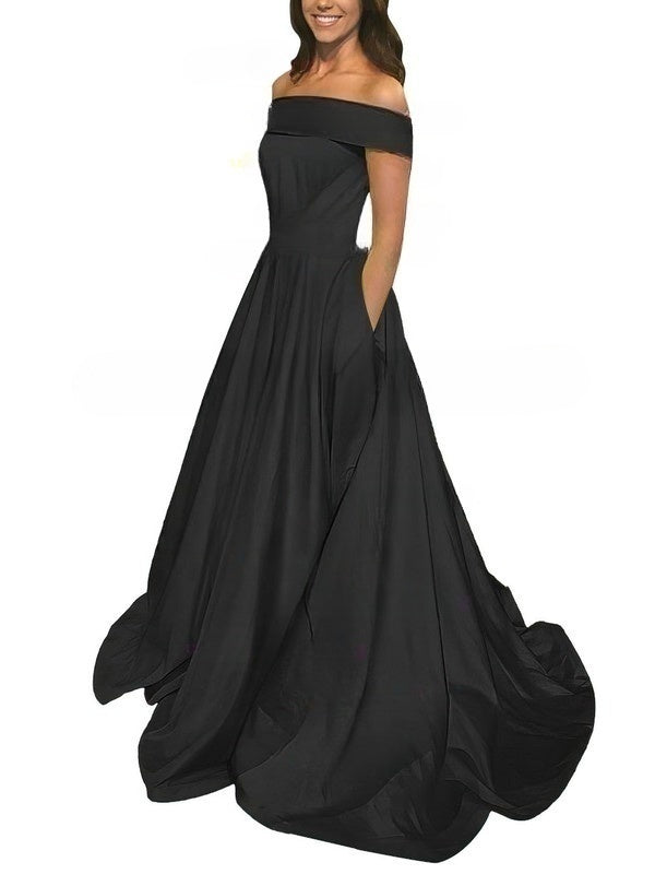 Princess Off-the-shoulder Satin Prom Dresses with Pockets & Sweep Train