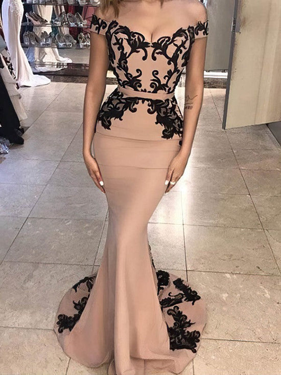 Silk-like Satin Appliques Lace Prom Dresses with Trumpet/Mermaid Off-the-shoulder Sweep Train