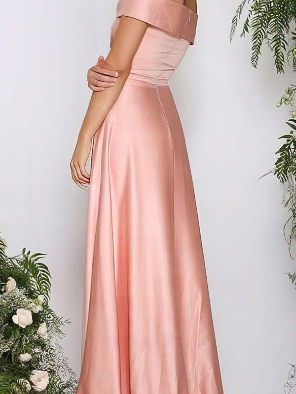 A-line Off-the-shoulder Satin Prom Dress with Ruffles and Sweep Train