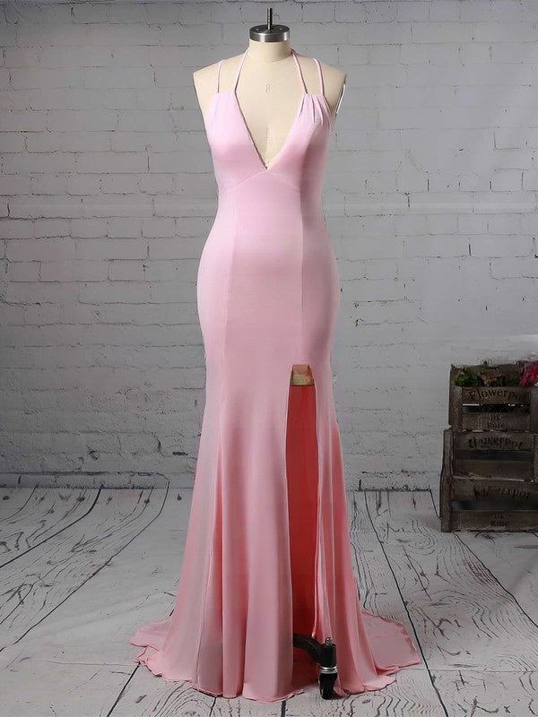 Showstopping Style: Trumpet/Mermaid V-neck Jersey Prom Dresses with Split Front and Sweep Train