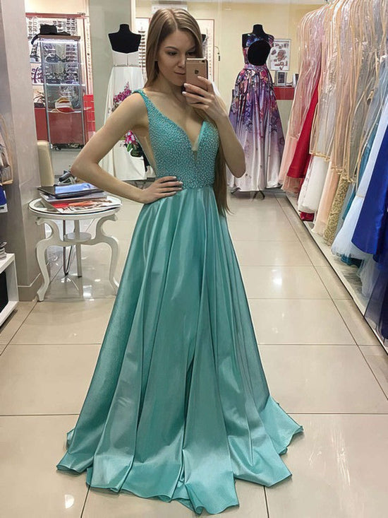 Princess V-neck Satin Prom Dress with Pearl Detailing and Sweep Train