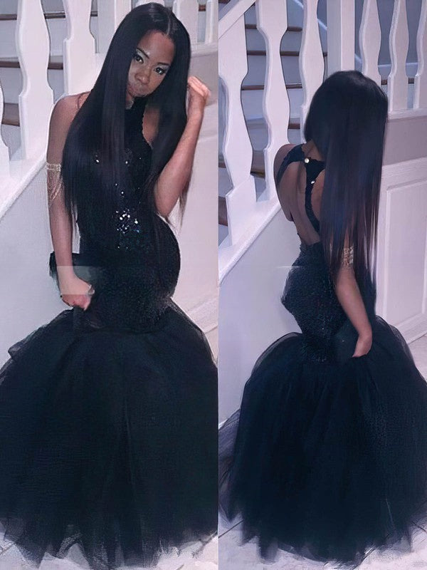 Sequined Floor-length Prom Dress with Trumpet/Mermaid Scoop Neck Tulle