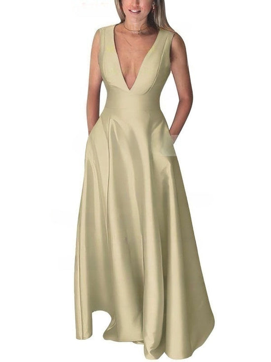 A-Line V-Neck Satin Prom Dress with Pockets