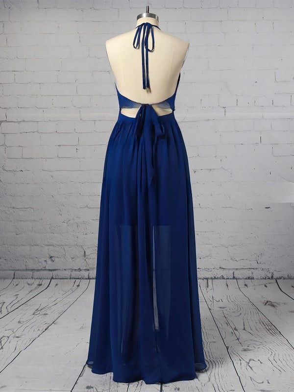 A-line Halter Chiffon Prom Dress with Ankle-length Split Front