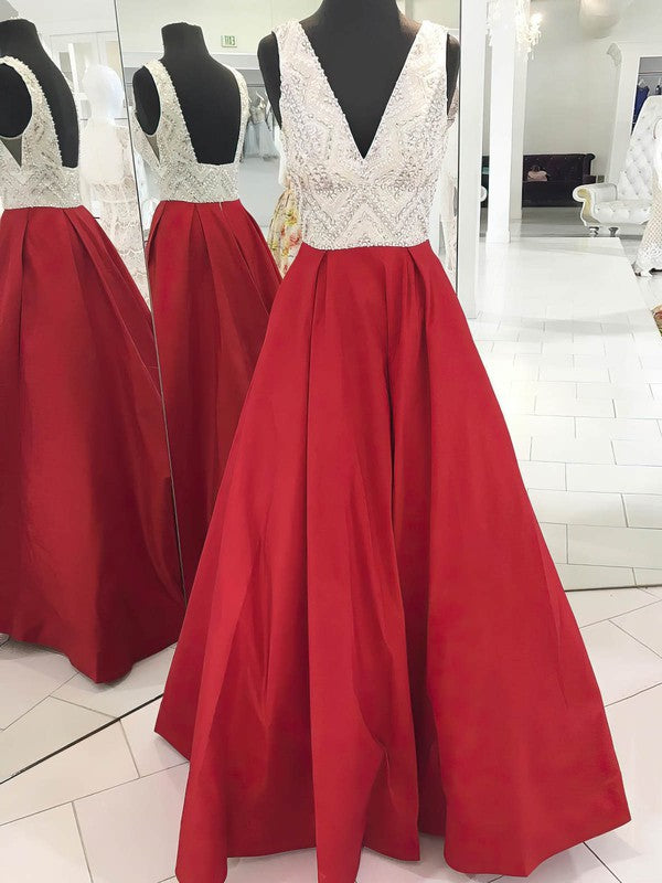 Princess V-neck Satin Floor-length Beading Prom Dress