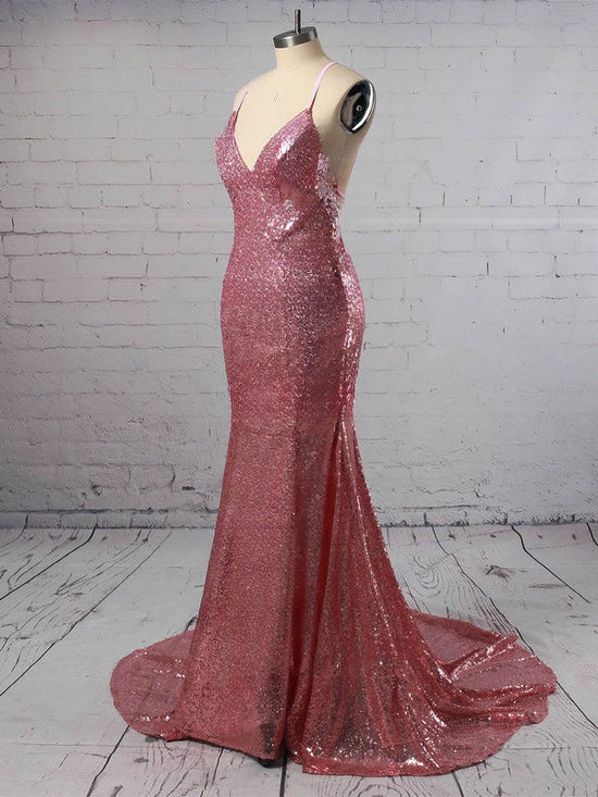Gorgeous Trumpet/Mermaid V-neck Sequined Sweep Train Prom Dresses