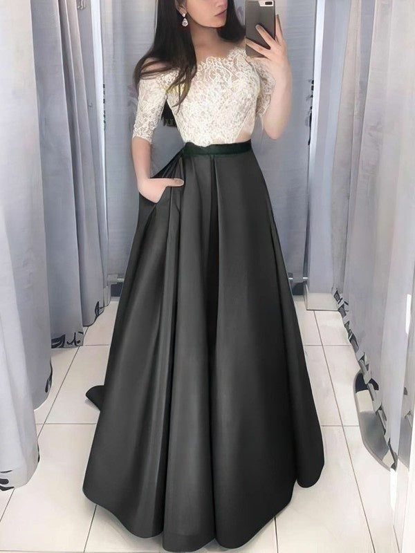 Elegant Off-the-shoulder Lace Satin Prom Dress with Pockets