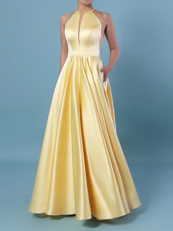 Princess Scoop Neck Satin Floor-length Pockets Prom Dress