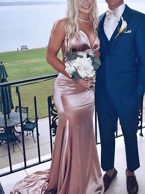 Silk-like Satin Trumpet/Mermaid Sweep Train V-neck Prom Dresses