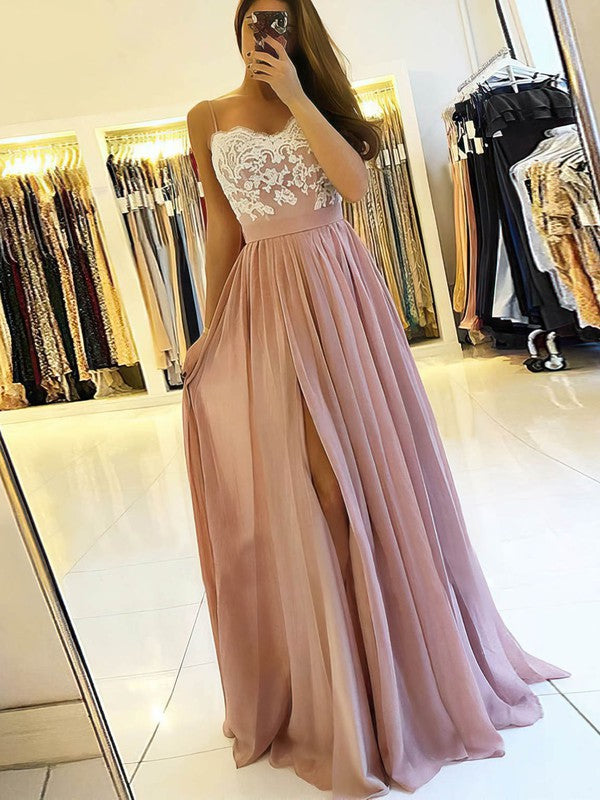 A-line Chiffon V-neck Appliques Lace Prom Dresses