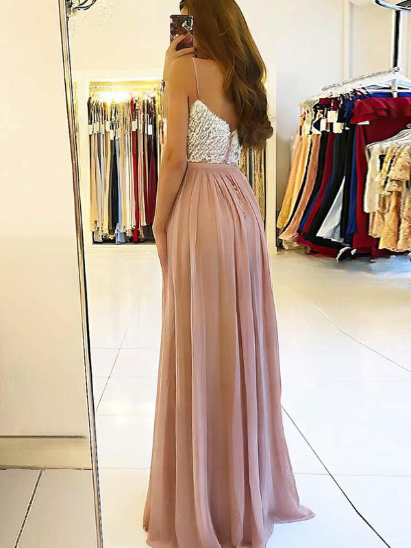 A-line Chiffon V-neck Appliques Lace Prom Dresses