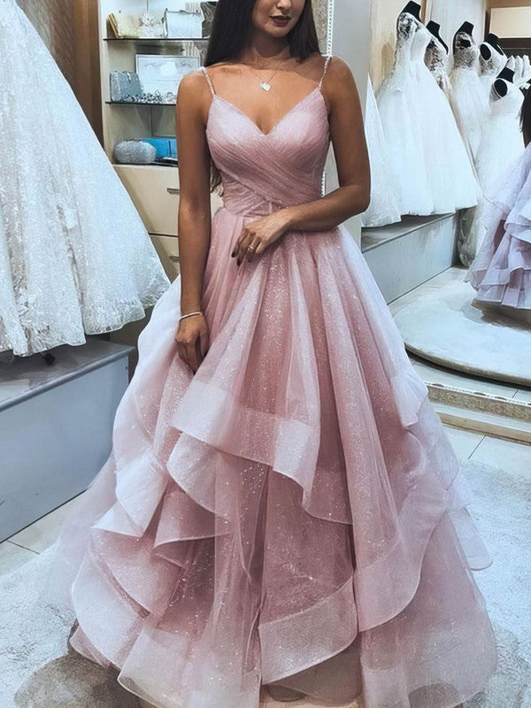 Glamorous Glitter Cascading Ruffles Ball Gown/Princess Floor-length V-neck Prom Dresses