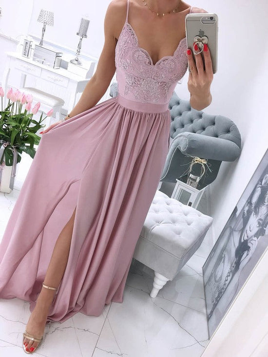 A-line Sweep Train Chiffon V-neck Prom Dress with Appliques Lace