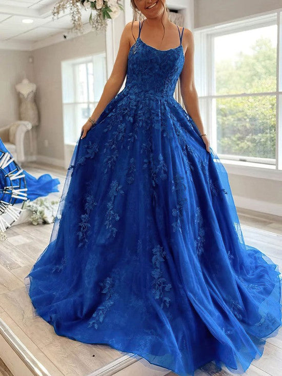 Lace Prom Dresses with Tulle Square Neckline and Sweep Train Appliques