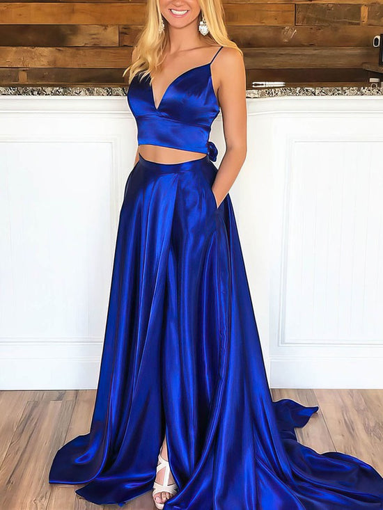 A-line V-neck Satin Prom Dresses with Pockets and Sweep Train