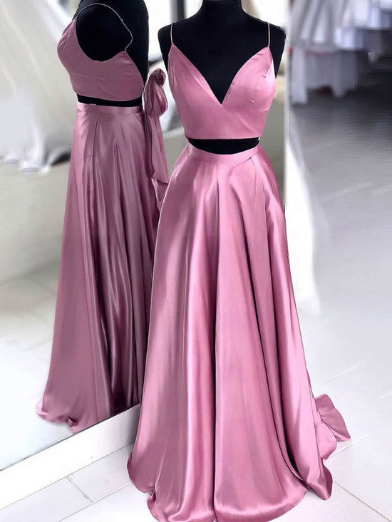 A-line V-neck Satin Prom Dresses with Pockets and Sweep Train