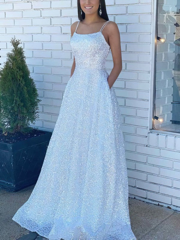 Glamorous Glitter Pockets Princess Prom Dress with Scoop Neck and Floor-length Skirt