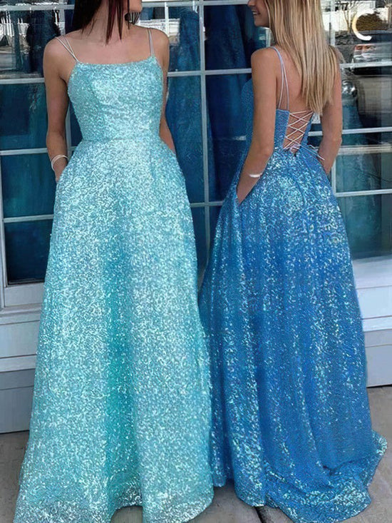 Glamorous Glitter Pockets Princess Prom Dress with Scoop Neck and Floor-length Skirt