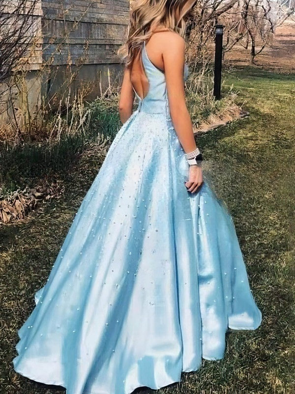 Look Elegant in Satin Beading Ball Gown Prom Dresses