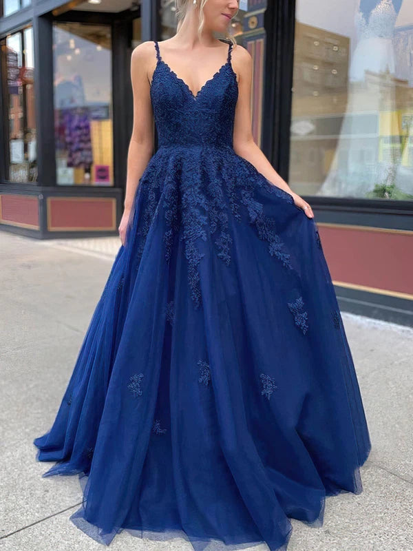V-neck Tulle Ball Gown Prom Dress with Beading and Sweep Train