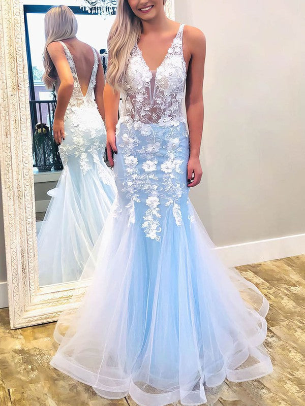 Mermaid V-neck Tulle Appliques Lace Prom Dress for Special Occasions