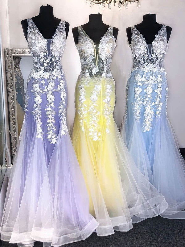 Mermaid V-neck Tulle Appliques Lace Prom Dress for Special Occasions
