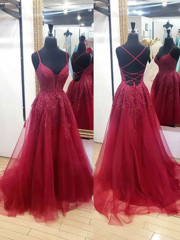 V-neck Tulle Appliques Lace Prom Dress - Ball Gown/Princess Sweep Train