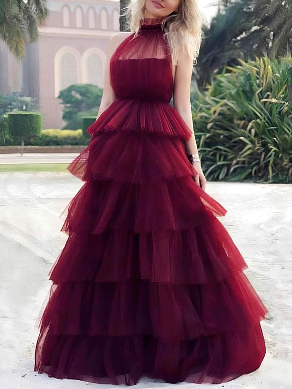 Tulle High Neck Princess Prom Dress with Sweep Train Tiered Look