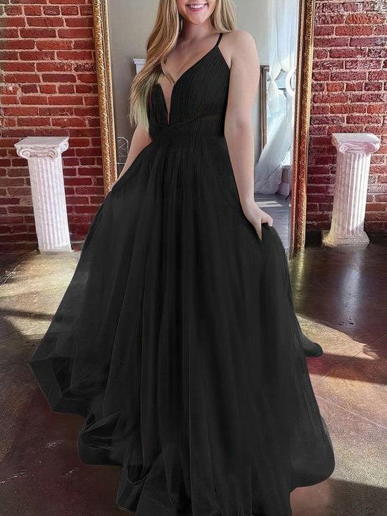 A-line Sweep Train Tulle V-neck Prom Dresses