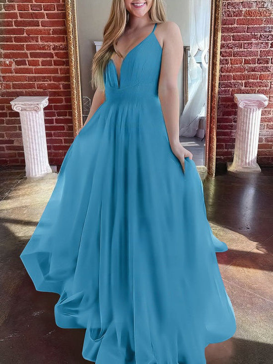 A-line Sweep Train Tulle V-neck Prom Dresses