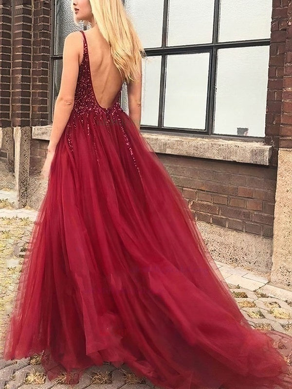 V-neck Tulle Ball Gown/Princess Prom Dress with Split Front and Sweep Train