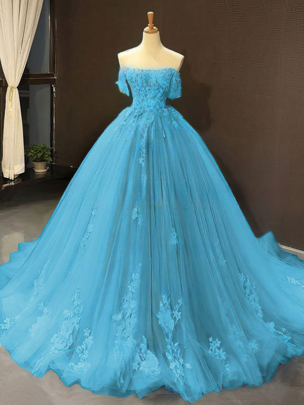 Stunning Beaded Ball Gown Prom Dress with Off-the-shoulder Tulle Sweep Train