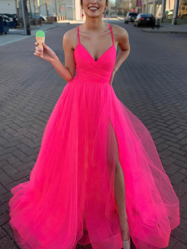 V-neck Tulle Prom Dresses with Ruffles and Princess Sweep Train