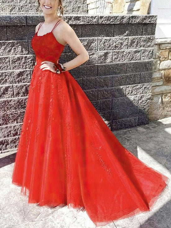 Gorgeous Ball Gown Scoop Neck Tulle Prom Dress with Sweep Train and Appliques Lace