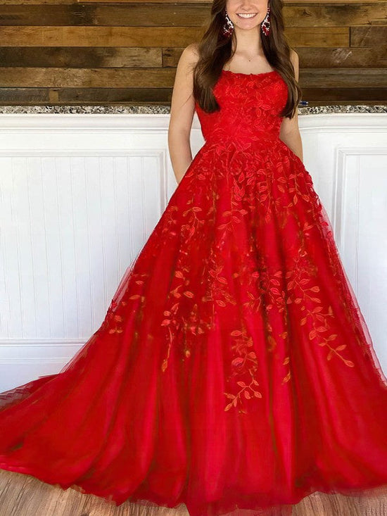 Gorgeous Ball Gown Scoop Neck Tulle Prom Dress with Sweep Train and Appliques Lace